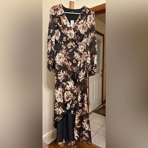 Express Black and Brown Floral Long Sleeve High Low Dress